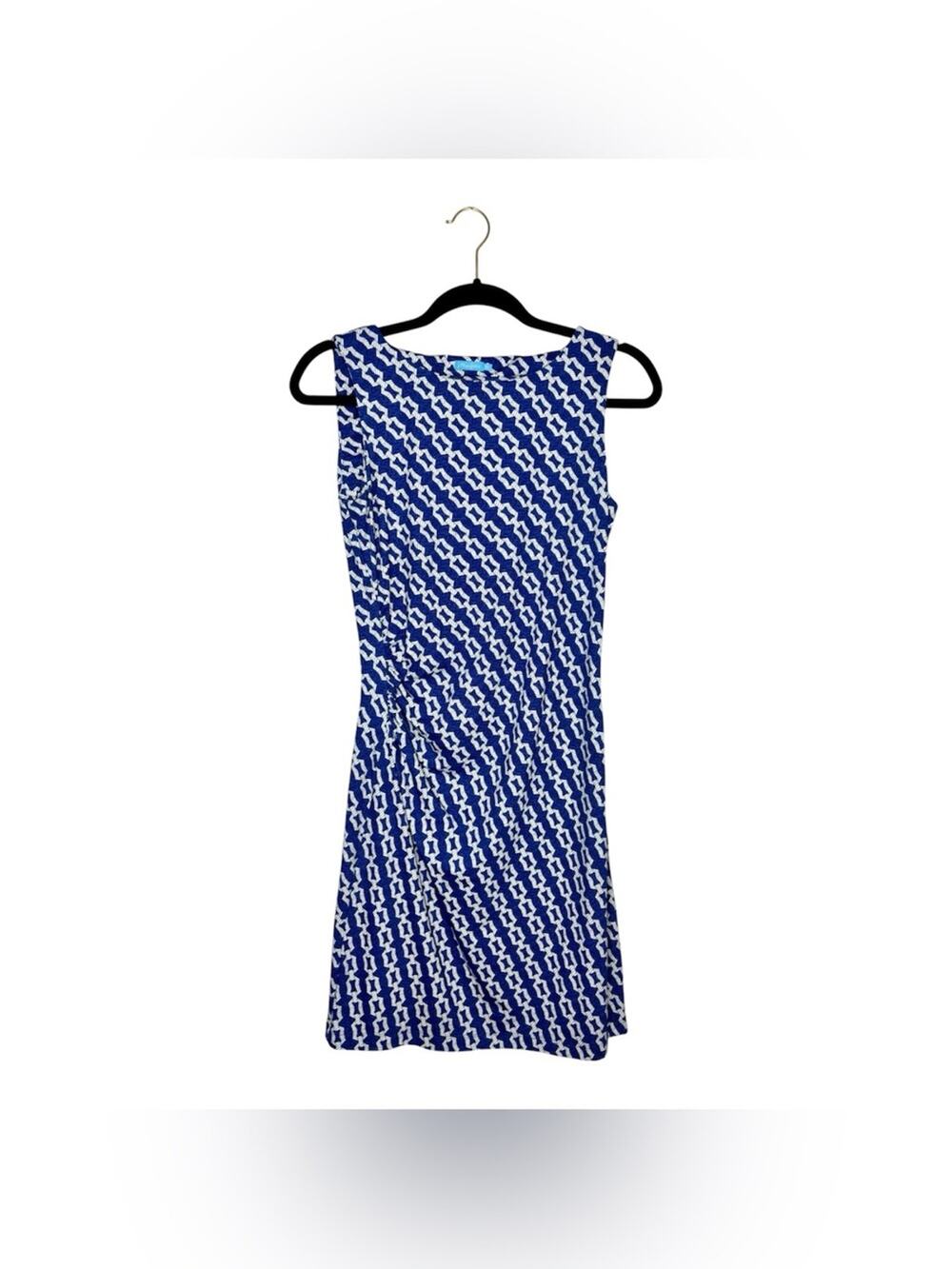 J. McLaughlin cobalt blue and white geo chain pattern sleeveless sheath dress XS